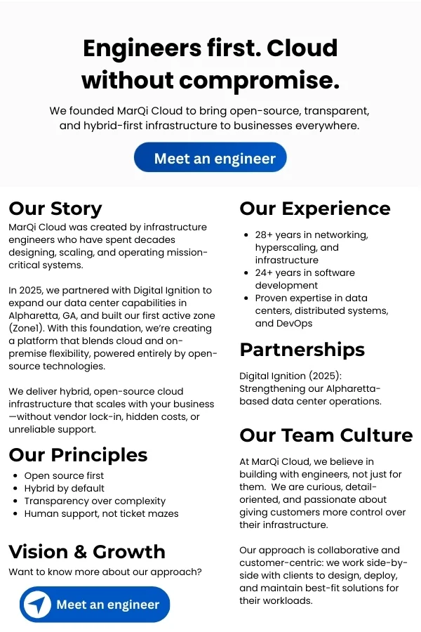 Infographic titled “MarQi Cloud Engineers first. Cloud without compromise” from MarQi Cloud, the open source hybrid cloud provider in Alpharetta, Georgia.
