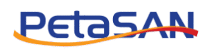 PetaSAN logo. PetaSAN fronts the Ceph cluster with iSCSI and NVMe/TCP targets.