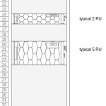 Rack elevation diagram of a 42U data center cabinet showing typical 1 RU, 2 RU and 5 RU server placements.
