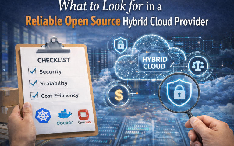 Infographic titled “What to Look for in a Reliable Open Source Hybrid Cloud Provider” from MarQi Cloud, the open source hybrid cloud provider in Alpharetta, Georgia.