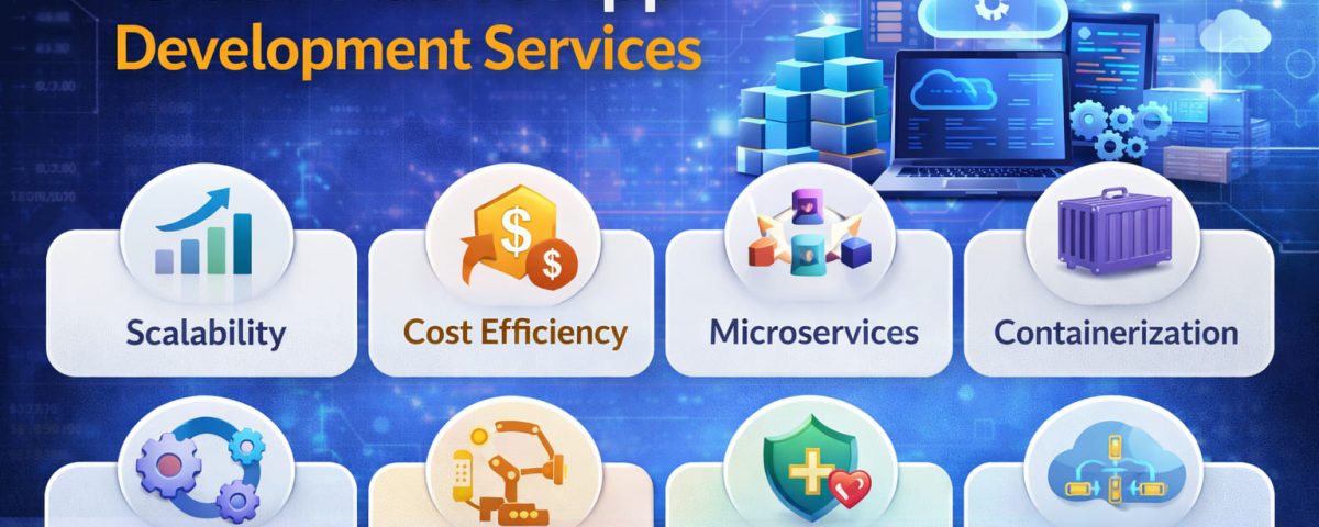 Infographic titled “8 Features of Modern Cloud Native App Development Services” from MarQi Cloud, the open source hybrid cloud provider in Alpharetta, Georgia.