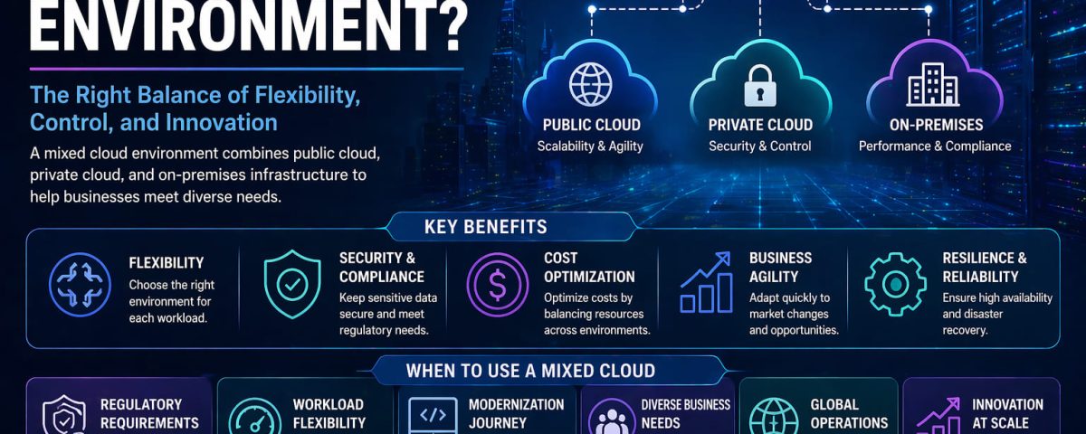 Infographic titled “When Should Companies Use a Mixed Cloud Environment (1)” from MarQi Cloud, the open source hybrid cloud provider in Alpharetta, Georgia.