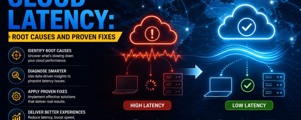 Infographic titled “Fixing Cloud Latency Root Causes and Proven Fixes” from MarQi Cloud, the open source hybrid cloud provider in Alpharetta, Georgia.