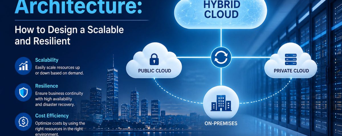 Infographic titled “Hybrid Cloud Architecture How to Design a Scalable and Resilient Infrastructure” from MarQi Cloud, the open source hybrid cloud provider in Alpharetta, Georgia.