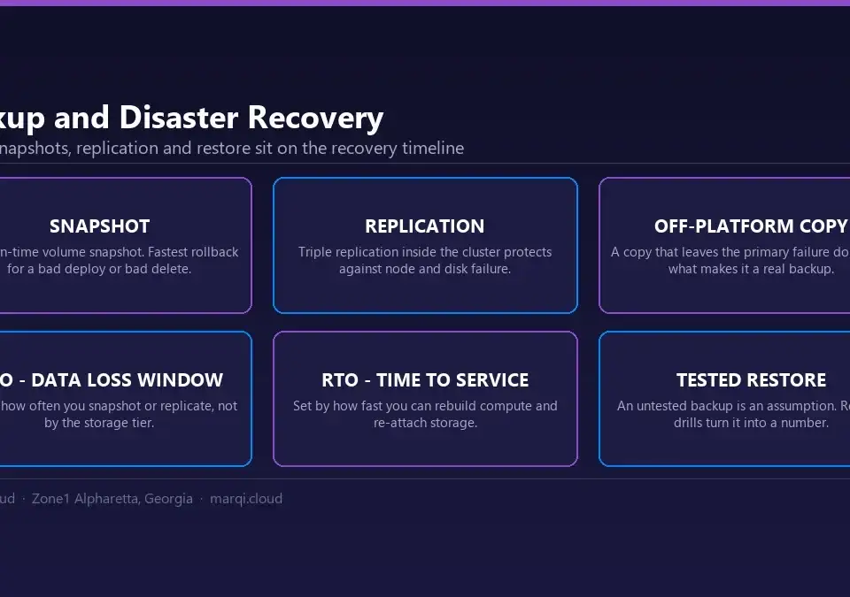 Diagram explaining cloud backup and disaster recovery on MarQi Cloud: snapshots, triple replication, off-platform copies and how RPO and RTO are determined.