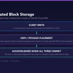 Diagram showing MarQi Cloud triple replication: one virtual machine block write is committed to three separate Ceph OSDs on three nodes before it is acknowledged.