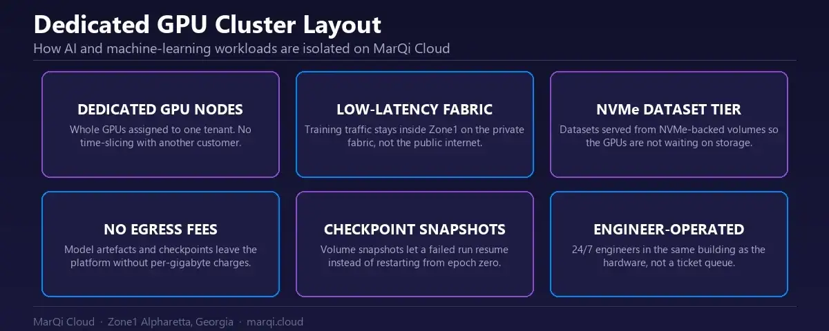 Diagram of the MarQi Cloud dedicated GPU cluster architecture for AI and machine learning: dedicated GPU nodes, low-latency private fabric, NVMe dataset tier, snapshots and zero egress fees.