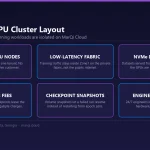 Diagram of the MarQi Cloud dedicated GPU cluster architecture for AI and machine learning: dedicated GPU nodes, low-latency private fabric, NVMe dataset tier, snapshots and zero egress fees.