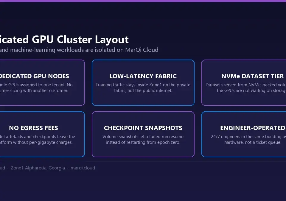 Diagram of the MarQi Cloud dedicated GPU cluster architecture for AI and machine learning: dedicated GPU nodes, low-latency private fabric, NVMe dataset tier, snapshots and zero egress fees.