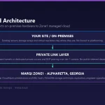Diagram of MarQi Cloud hybrid cloud architecture: on-premises servers connected through WireGuard tunnels and private BGP circuits to the Zone1 Alpharetta data center running Apache CloudStack on KVM with Ceph storage.