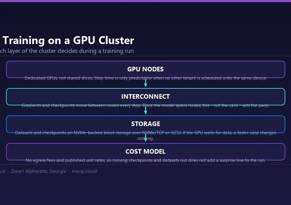 Diagram of AI and ML model training on a dedicated GPU cluster: dedicated GPU nodes, the interconnect that carries gradients and checkpoints between nodes, NVMe-backed block storage feeding the GPUs, and a no-egress-fee cost model.