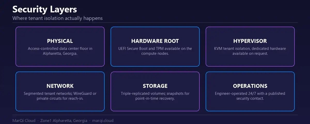 Diagram of MarQi Cloud security layers: physical data center access, UEFI Secure Boot and TPM, KVM hypervisor isolation, segmented tenant networking, replicated storage and 24/7 engineer operations.
