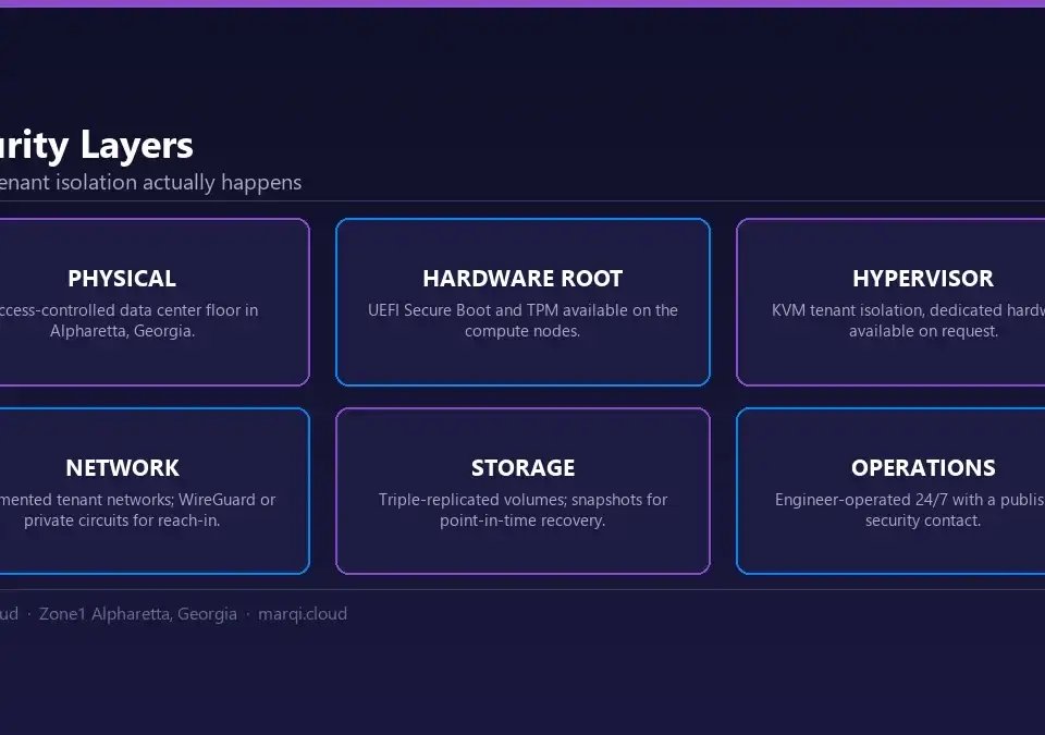 Diagram of MarQi Cloud security layers: physical data center access, UEFI Secure Boot and TPM, KVM hypervisor isolation, segmented tenant networking, replicated storage and 24/7 engineer operations.