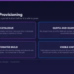 Diagram of self-service cloud provisioning: an approved template catalogue, per project quotas and guardrails, automated build through Apache CloudStack, and unit pricing shown to the requester before the resource is created.