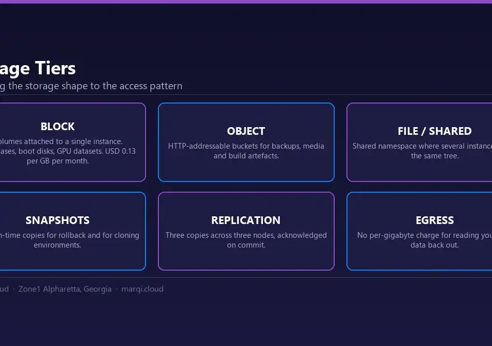 Diagram of MarQi Cloud storage tiers: block volumes at USD 0.13 per GB per month, object storage, shared file storage, snapshots, triple replication and zero egress fees.