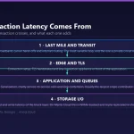 Diagram of the four sources of transaction latency in retail cloud workloads: last-mile and transit, edge and TLS handshake, application queueing, and storage I/O on NVMe-backed triple-replicated block storage.