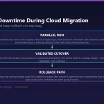 Diagram of a three-stage low-downtime cloud migration cutover: a parallel run where the migrated workload runs alongside the original, a validated cutover that moves traffic only after correctness and latency match, and a rollback path that stays one routing change away for a defined window after cutover.