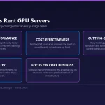 Diagram of five reasons startups rent GPU servers: faster data processing, no large hardware investment, access to current-generation hardware, scalability with demand, and keeping focus on the core business.