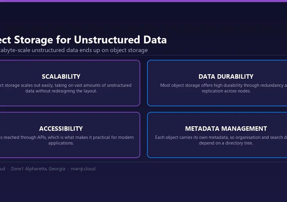 Diagram of four benefits of object storage for unstructured data: scaling out to large volumes, high durability through replication, API-based access, and per-object metadata for organisation and search.