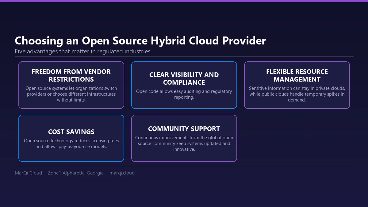 Diagram of five advantages of choosing an open source hybrid cloud provider: freedom from vendor restrictions, clear visibility and compliance, flexible resource management, cost savings, and community support.